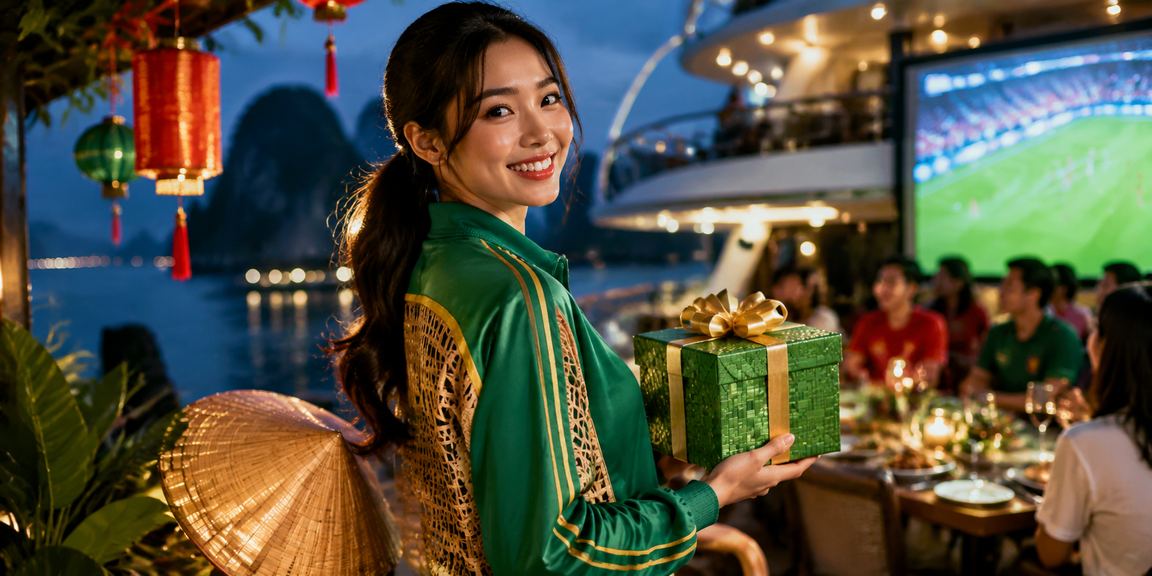 Người hâm mộ bóng đá đội nón lá theo dõi trận đấu tại vịnh Hạ Long